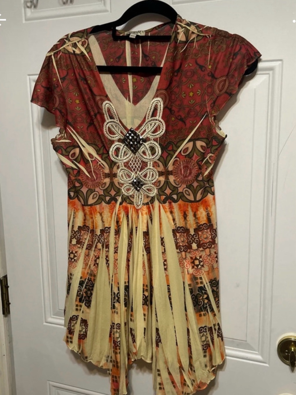 ONE WORLD Rust, Cream & Orange Boho Mixed-Print blouse with bling